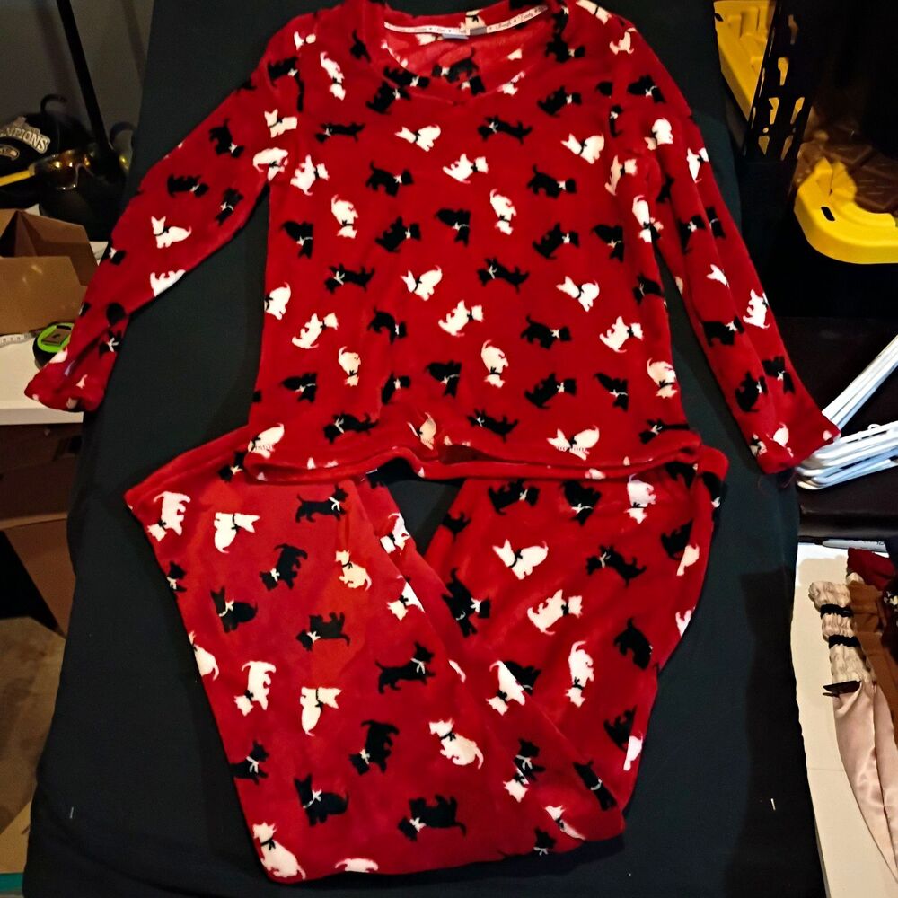 Laura Scott Women’s L Red Fleece Cat Animal Print 2-Pc Pajama Set Long Sleeve